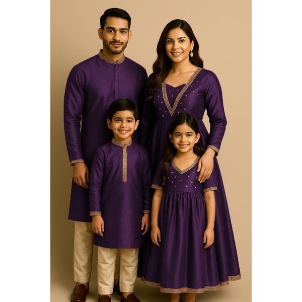 Indian family wearing coordinated raw silk ethnic outfits with golden lace embellishments — dad in kurta, mom in Anarkali set, son in kurta, and daughter in frock — festive family ethnic wear set.