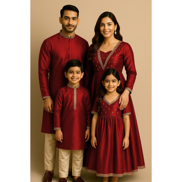 Indian family wearing coordinated raw silk ethnic outfits with golden lace embellishments — dad in kurta, mom in Anarkali set, son in kurta, and daughter in frock — festive family ethnic wear set.