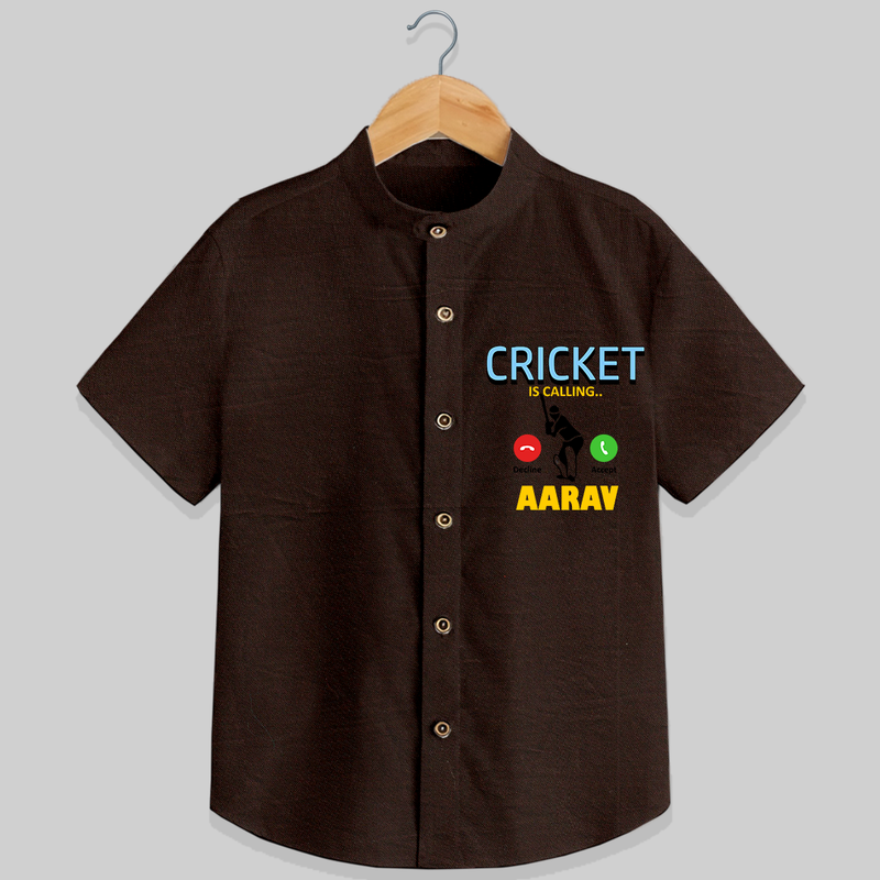 "CRICKET is Calling-Decline or ACCEPT" Personalized Kids Shirt - CHOCOLATE BROWN - 0 - 6 Months Old (Chest 21")