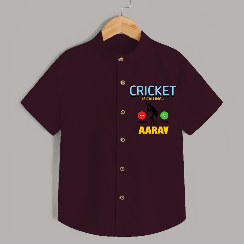 "CRICKET is Calling-Decline or ACCEPT" Personalized Kids Shirt - MAROON - 0 - 6 Months Old (Chest 21")