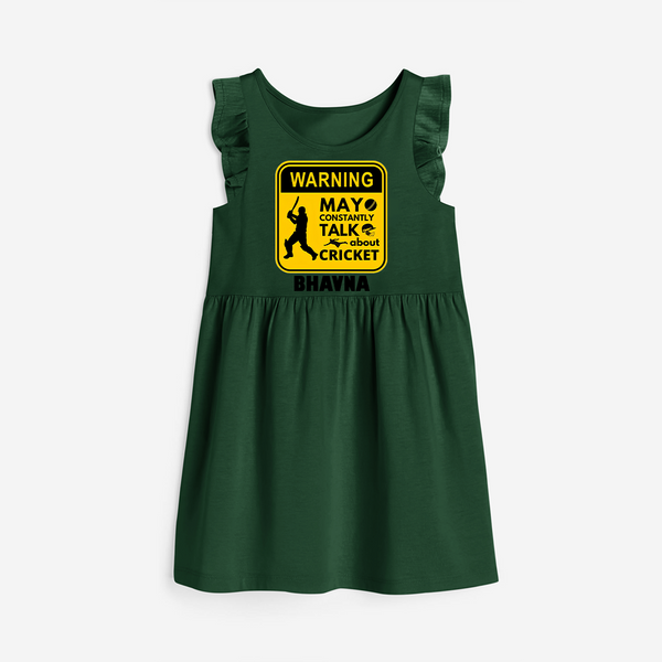 "Warning! May Constantly Talk About Cricket" Personalized Frock For Your Princess! - BOTTLE GREEN - 0 - 6 Months Old (Chest 18")