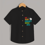 "Eat-Sleep-Cricket-Repeat" Personalized Kids Shirt - BLACK - 0 - 6 Months Old (Chest 21")