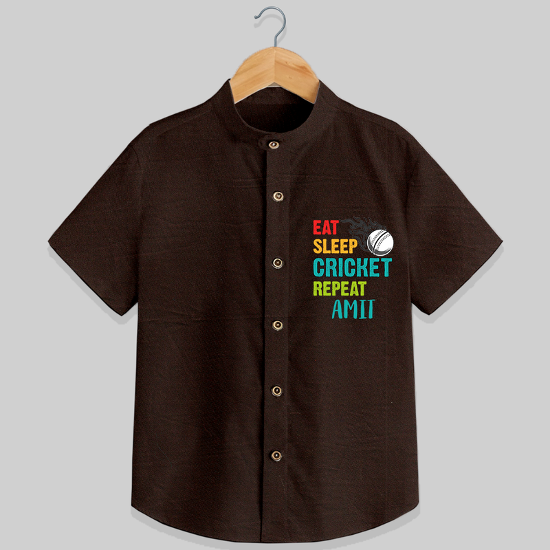 "Eat-Sleep-Cricket-Repeat" Personalized Kids Shirt - CHOCOLATE BROWN - 0 - 6 Months Old (Chest 21")