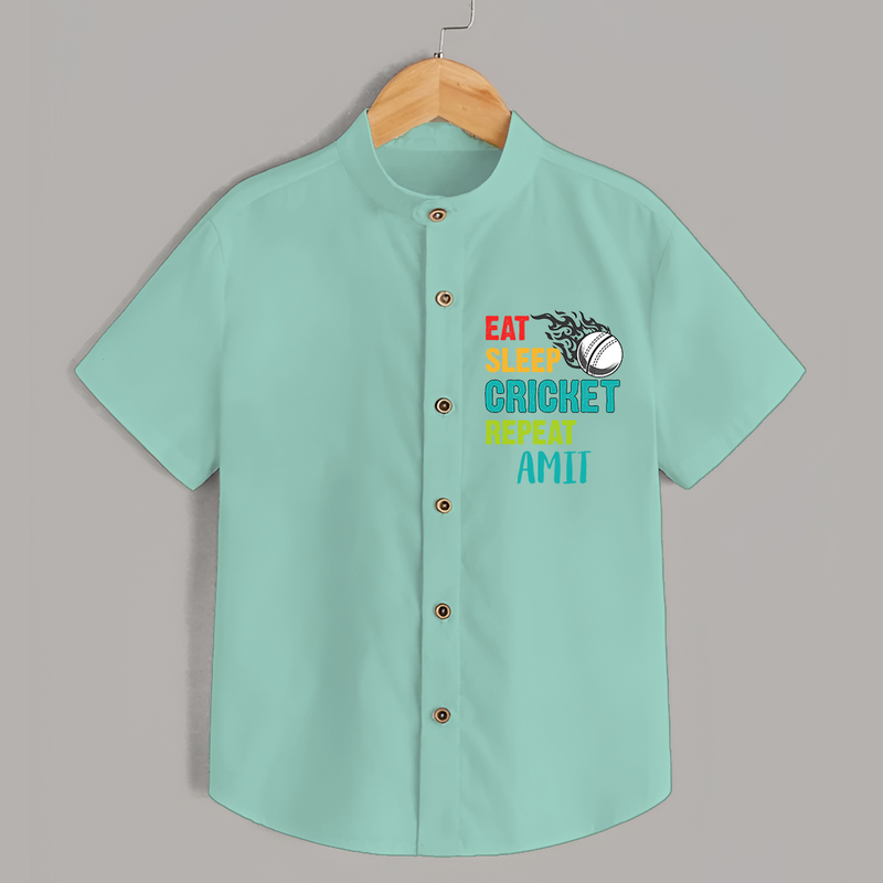 "Eat-Sleep-Cricket-Repeat" Personalized Kids Shirt - LIGHT GREEN - 0 - 6 Months Old (Chest 21")