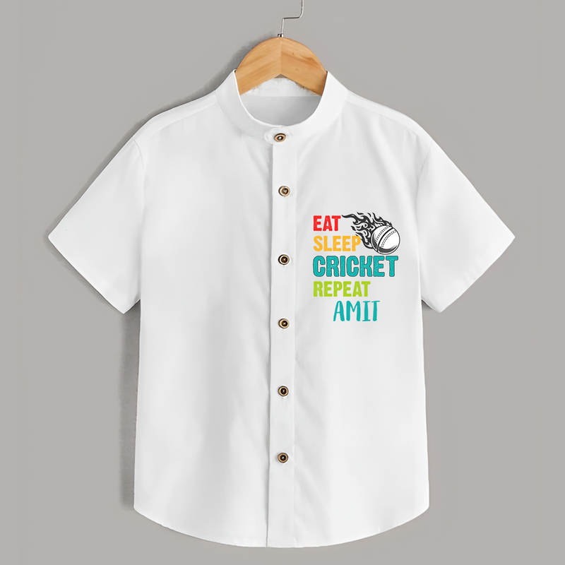 "Eat-Sleep-Cricket-Repeat" Personalized Kids Shirt - WHITE - 0 - 6 Months Old (Chest 21")