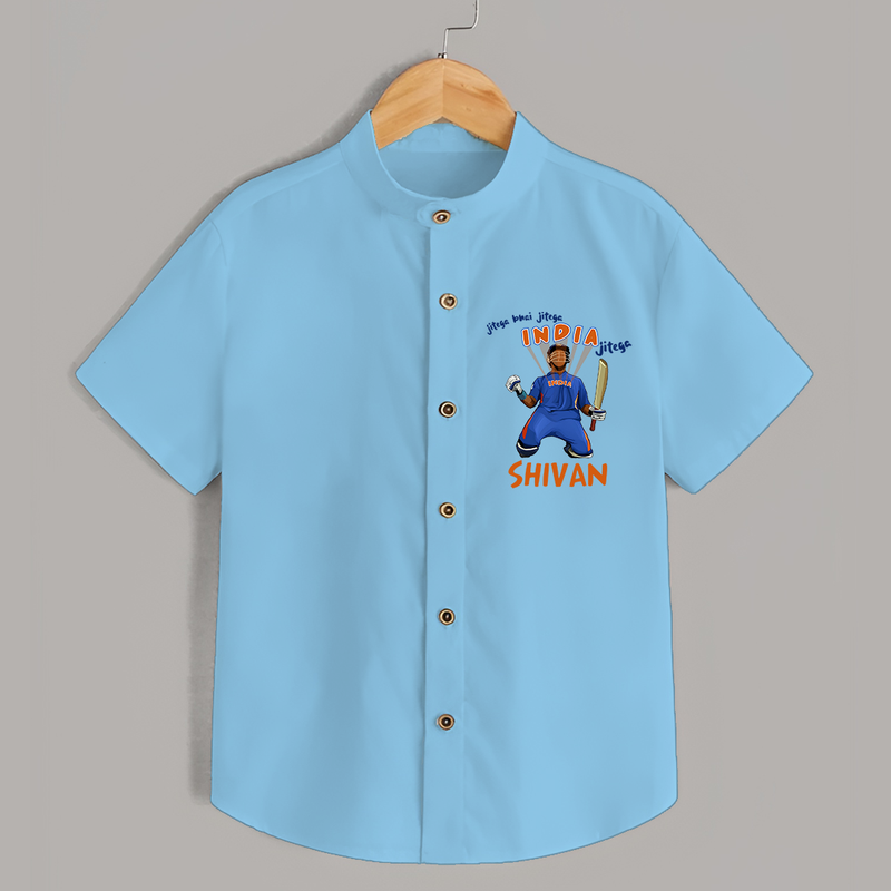 "Jitega Bhai Jitega INDIA Jitega" Personalized Kids Shirt - SKY BLUE - 0 - 6 Months Old (Chest 21")