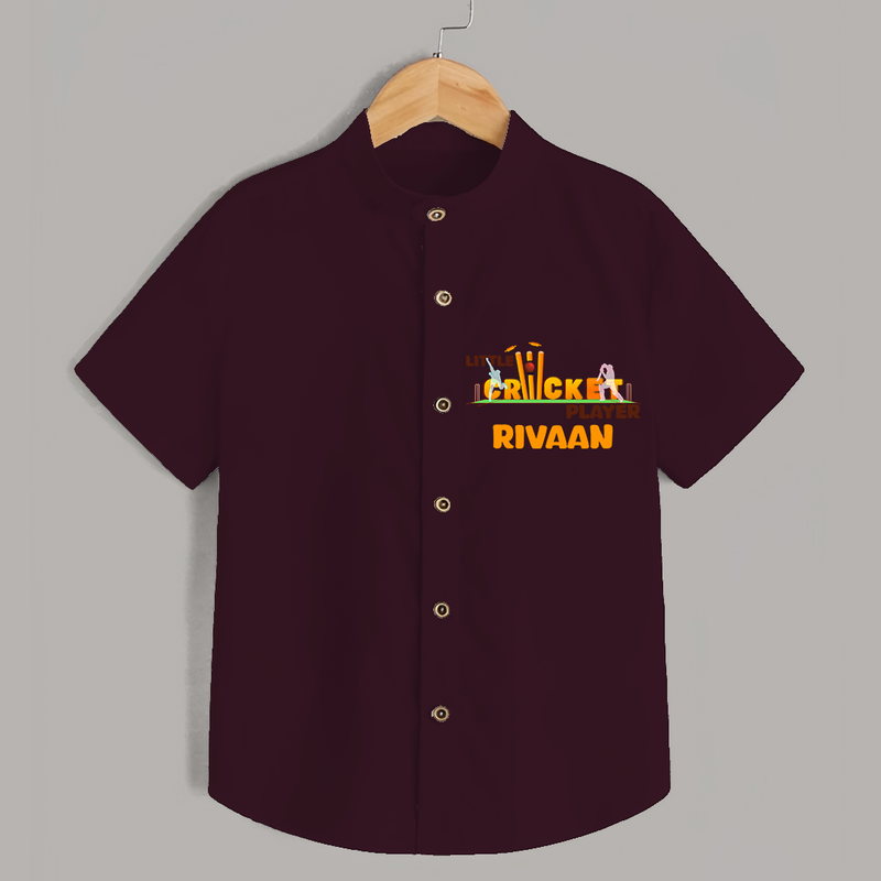 "Little Cricket Player" Personalized Kids Shirt - MAROON - 0 - 6 Months Old (Chest 21")