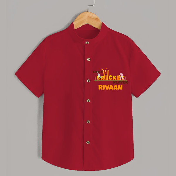 "Little Cricket Player" Personalized Kids Shirt - RED - 0 - 6 Months Old (Chest 21")
