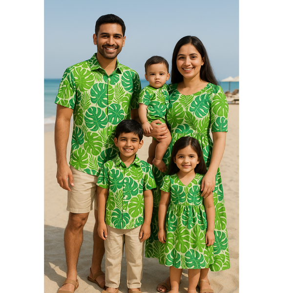 Family of five wearing matching tropical monstera leaf print outfits – dad and son in shirts, mom and daughter in dresses, baby in romper.