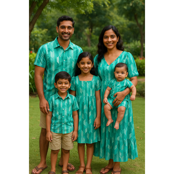 Indian family wearing turquoise teal geometric print matching outfits – cotton coordinated wear for mom, dad, son, daughter, and baby.

