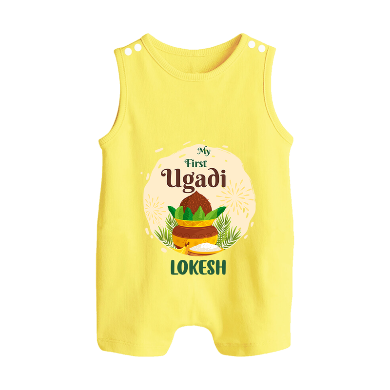 My First Ugadi Celebration With Our Customized Romper Suit For Babies With Name - PASTEL YELLOW - 0 - 5 Months Old (Chest 18")