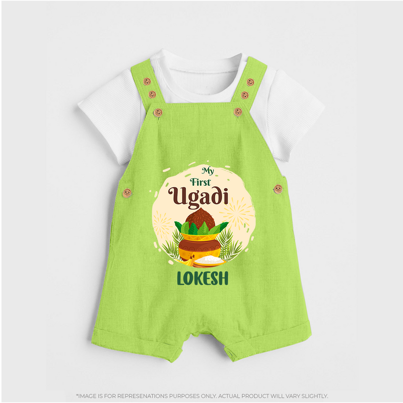 My First Ugadi Celebration With Our Customized Dungaree Set For kids With Name - GREEN - 0 - 5 Months Old (Chest 18")