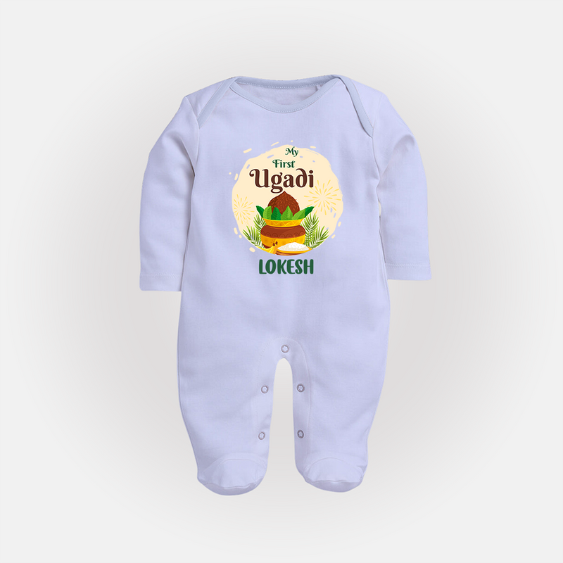 My First Ugadi Celebration With Our Customized Sleep Suit For Babies With Name - BABY BLUE - New Born (Chest 7.5")