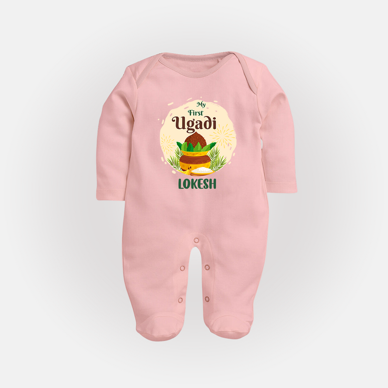 My First Ugadi Celebration With Our Customized Sleep Suit For Babies With Name - BABY PINK - New Born (Chest 7.5")