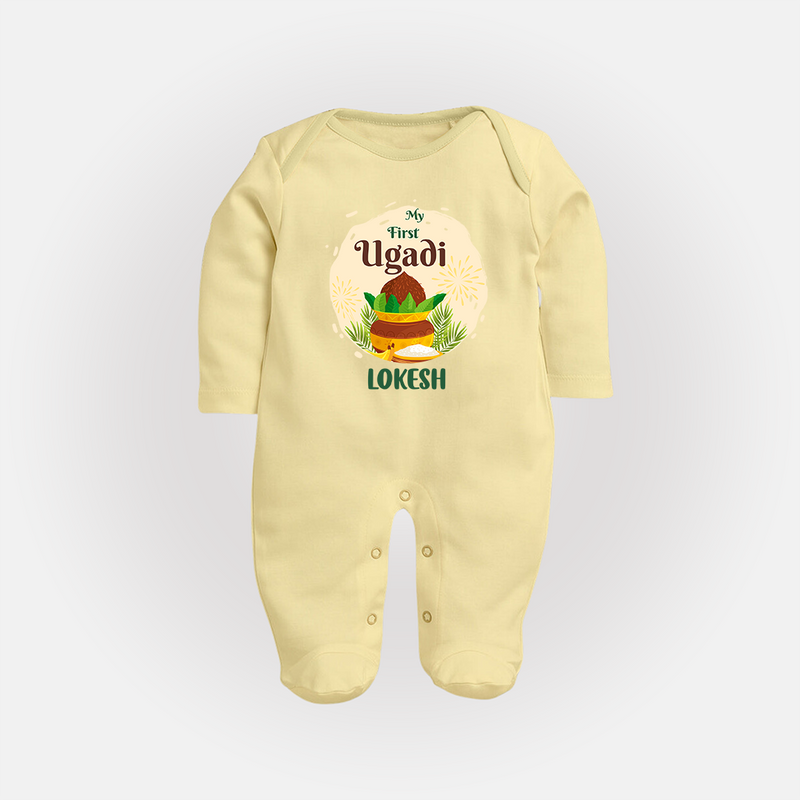 My First Ugadi Celebration With Our Customized Sleep Suit For Babies With Name - PASTEL YELLOW - New Born (Chest 7.5")