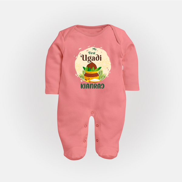 “My First Ugadi – Personalized Baby Fullbody Suit” - PEACH - New Born (Chest 7.5")