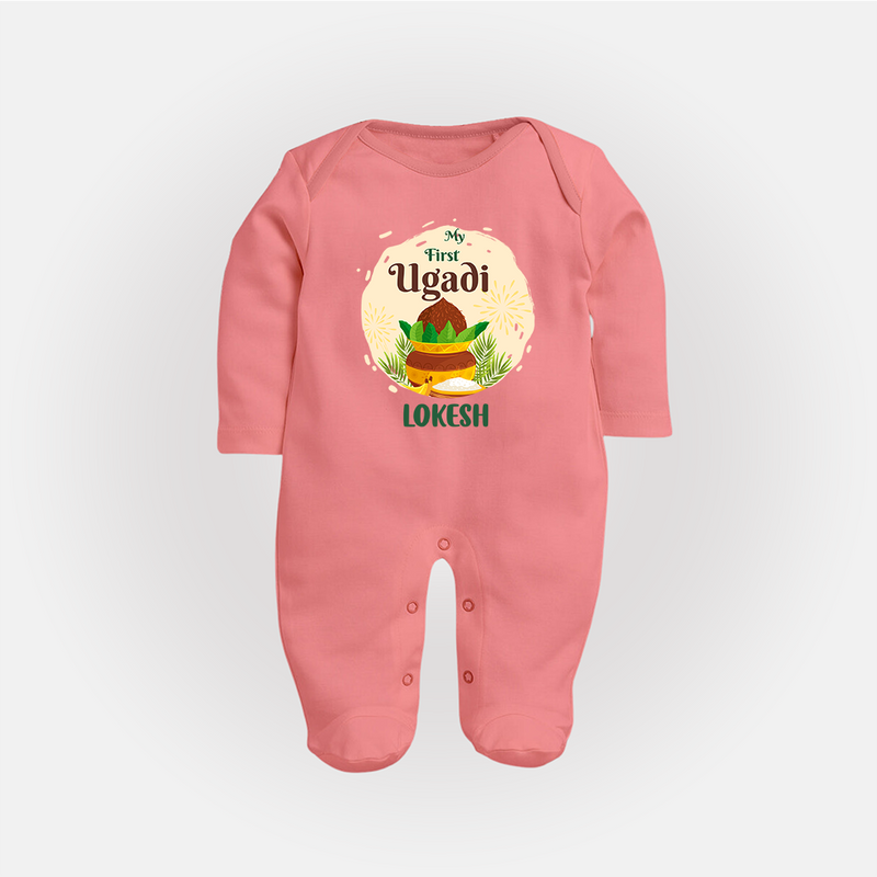 My First Ugadi Celebration With Our Customized Sleep Suit For Babies With Name - PEACH - New Born (Chest 7.5")