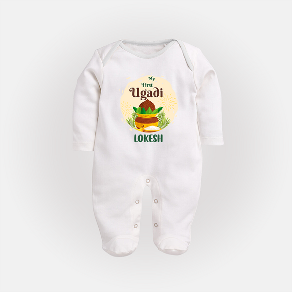 My First Ugadi Celebration With Our Customized Sleep Suit For Babies With Name - WHITE - New Born (Chest 7.5")