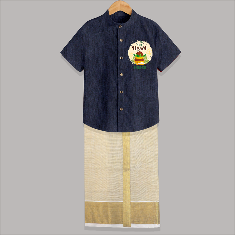 My First Ugadi Celebration With Our Customized Shirt And Dhoti For kids With Name - DARK BLUE - 0 - 6 Months Old (Chest-23") (Dhoti length-14")