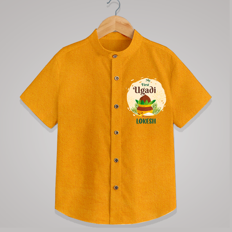 My First Ugadi Celebration With Our Customized Shirt For kids With Name - CHROME YELLOW - 0 - 6 Months Old (Chest 23")