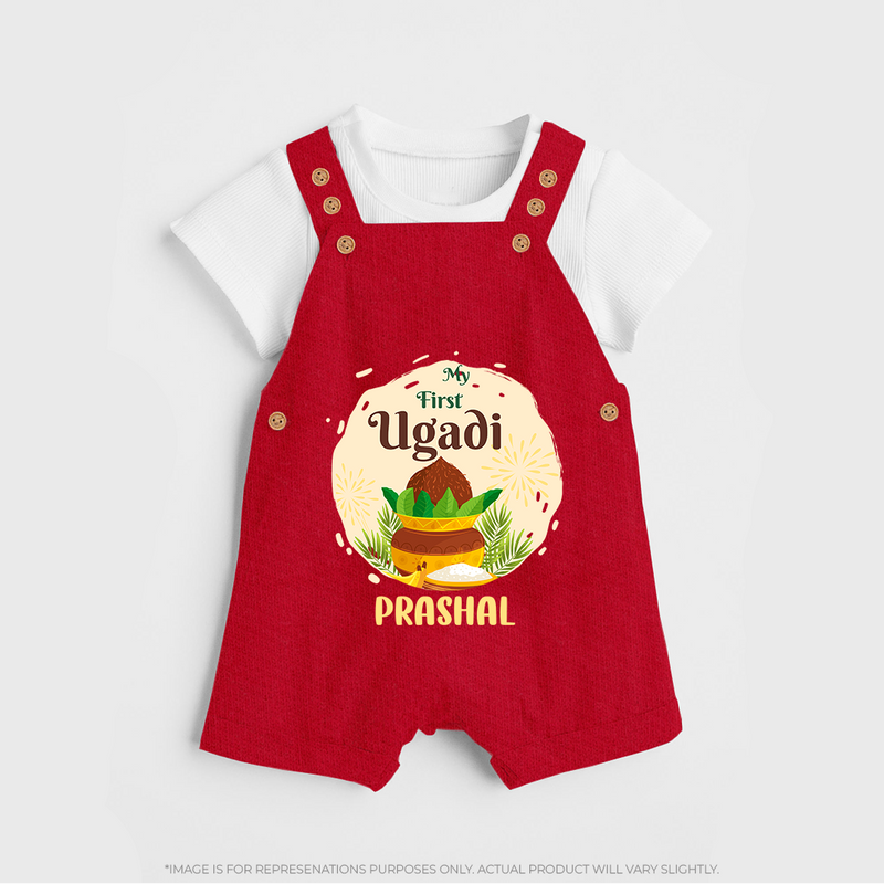 My First Ugadi Celebration With Our Customized Dungaree Set For kids With Name - RED - 0 - 5 Months Old (Chest 18")