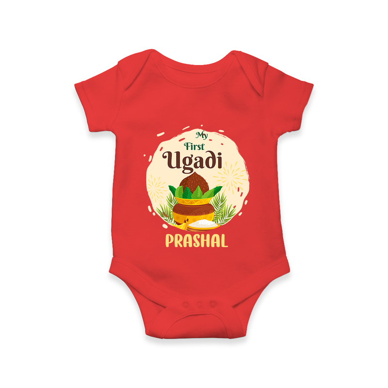 My First Ugadi Celebration With Our Customized Romper For Babies With Name - RED - 0 - 3 Months Old (Chest 16")