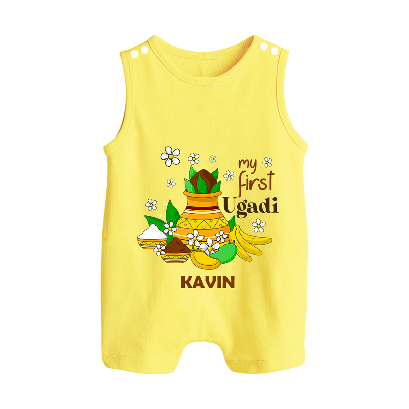 My First Ugadi Festival With Our Customized Romper Suit For Babies With Name - PASTEL YELLOW - 0 - 5 Months Old (Chest 18")