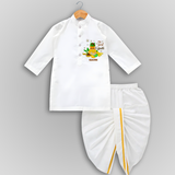 My First Ugadi Festival With Our Customized Drapped Dhoti For kids With Name - WHITE - 0 - 6 Month Old (Chest 24", Kurta Length 14" , Waist 19", Dhoti Length 14")