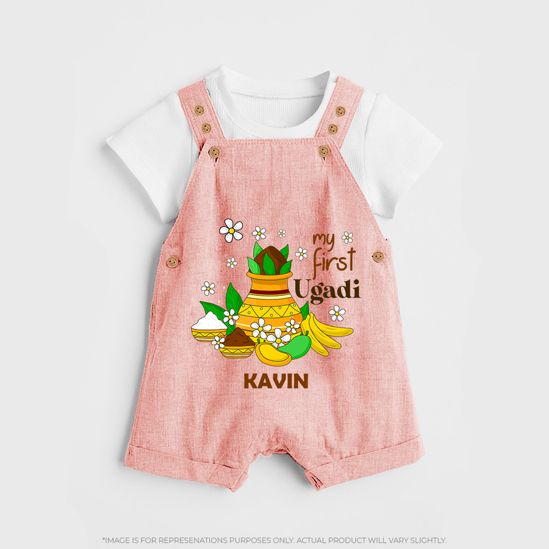 My First Ugadi Festival With Our Customized Dungaree Set For kids With Name - PEACH - 0 - 5 Months Old (Chest 18")