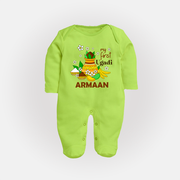 “My First Ugadi Personalized Baby Fullbody Suit | Custom Name” - LIME GREEN - New Born (Chest 7.5")