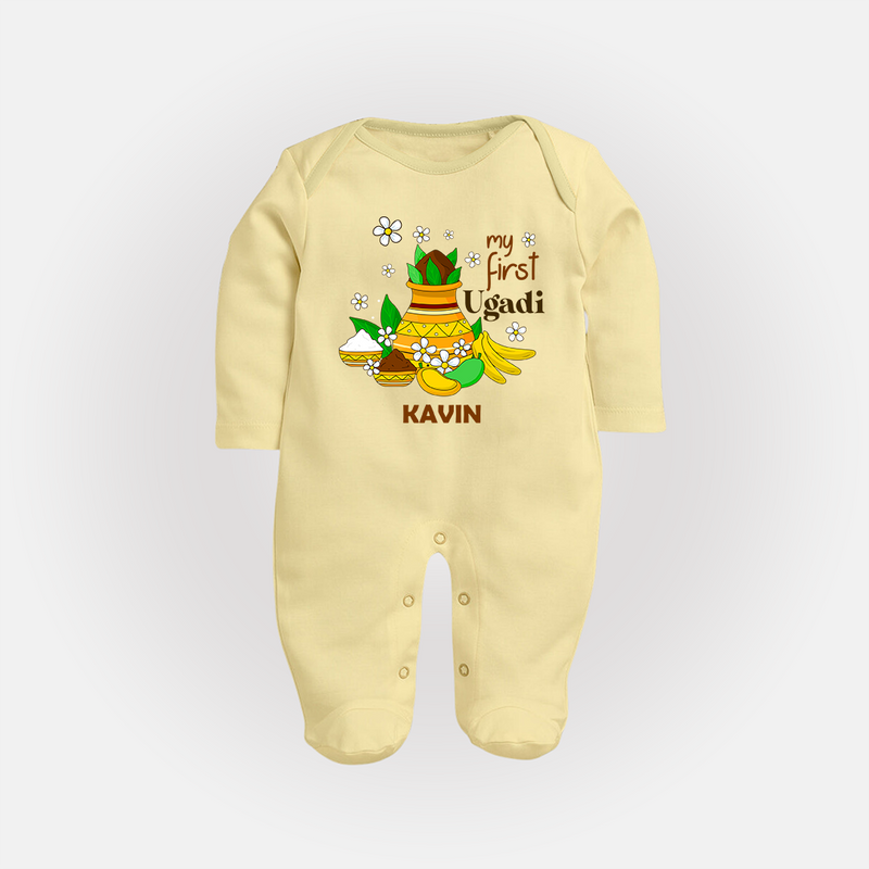 My First Ugadi Festival With Our Customized Sleep Suit For Babies With Name - PASTEL YELLOW - New Born (Chest 7.5")