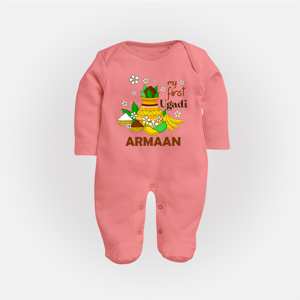 “My First Ugadi Personalized Baby Fullbody Suit | Custom Name” - PEACH - New Born (Chest 7.5")