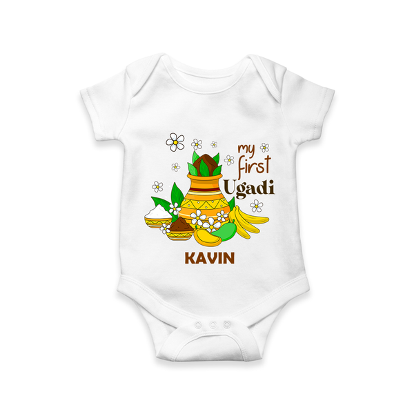 My First Ugadi Festival With Our Customized Romper For Babies With Name - WHITE - 0 - 3 Months Old (Chest 16")