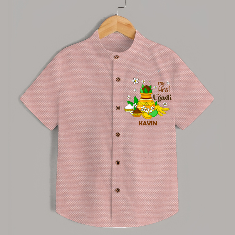 My First Ugadi Festival With Our Customized Shirt For kids With Name - PEACH - 0 - 6 Months Old (Chest 23")