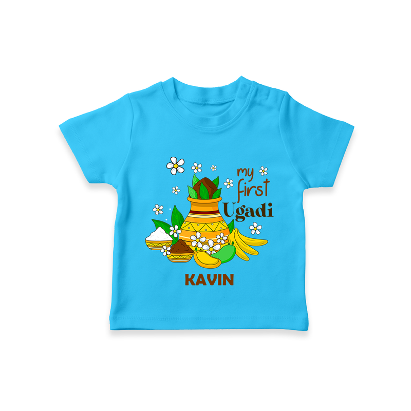 My First Ugadi Festival With Our Customized T-Shirt For kids With Name - SKY BLUE - 0-5 Months Old (Chest 17")