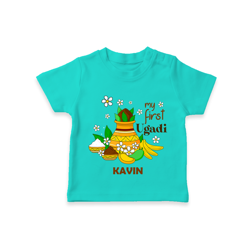 My First Ugadi Festival With Our Customized T-Shirt For kids With Name - TEAL - 0-5 Months Old (Chest 17")