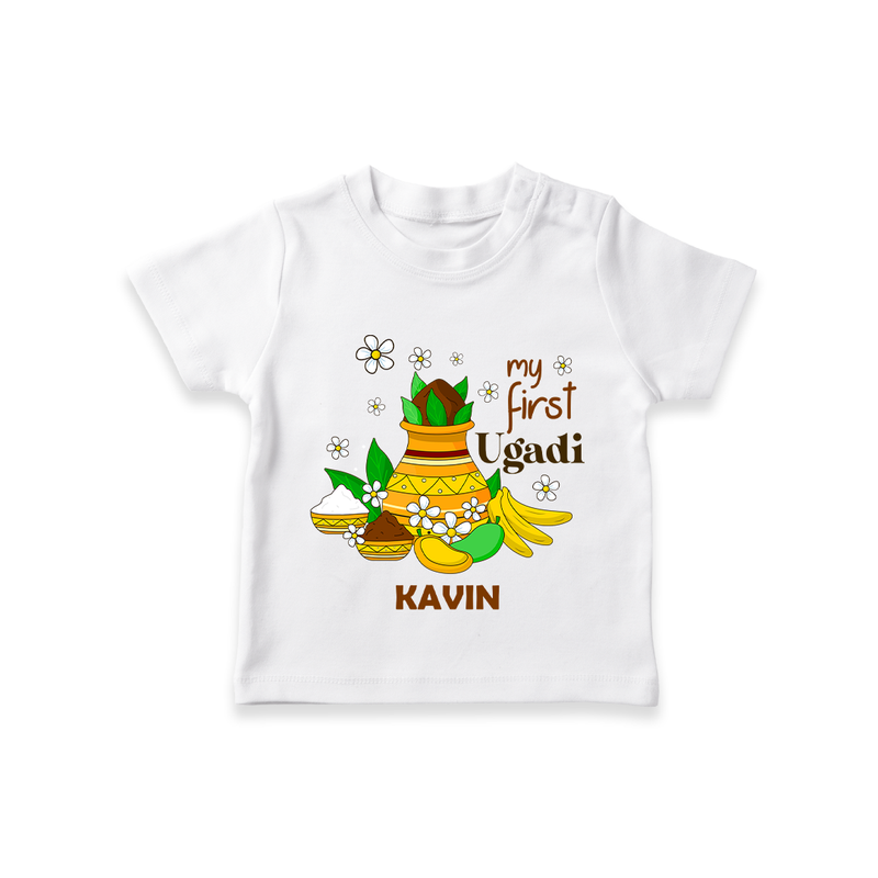 My First Ugadi Festival With Our Customized T-Shirt For kids With Name - WHITE - 0-5 Months Old (Chest 17")