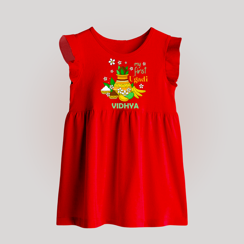 My First Ugadi Festival With Our Customized Baby Frock For Babies With Name - RED - 0 - 3 Months Old (Chest 17")