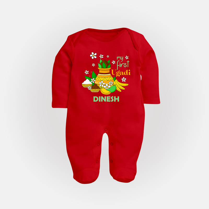 My First Ugadi Festival With Our Customized Sleep Suit For Babies With Name - RED - New Born (Chest 7.5")