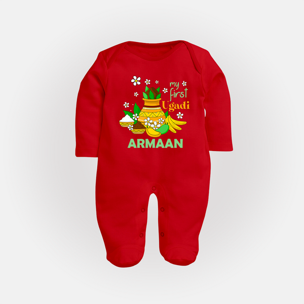 “My First Ugadi Personalized Baby Fullbody Suit | Custom Name” - RED - New Born (Chest 7.5")
