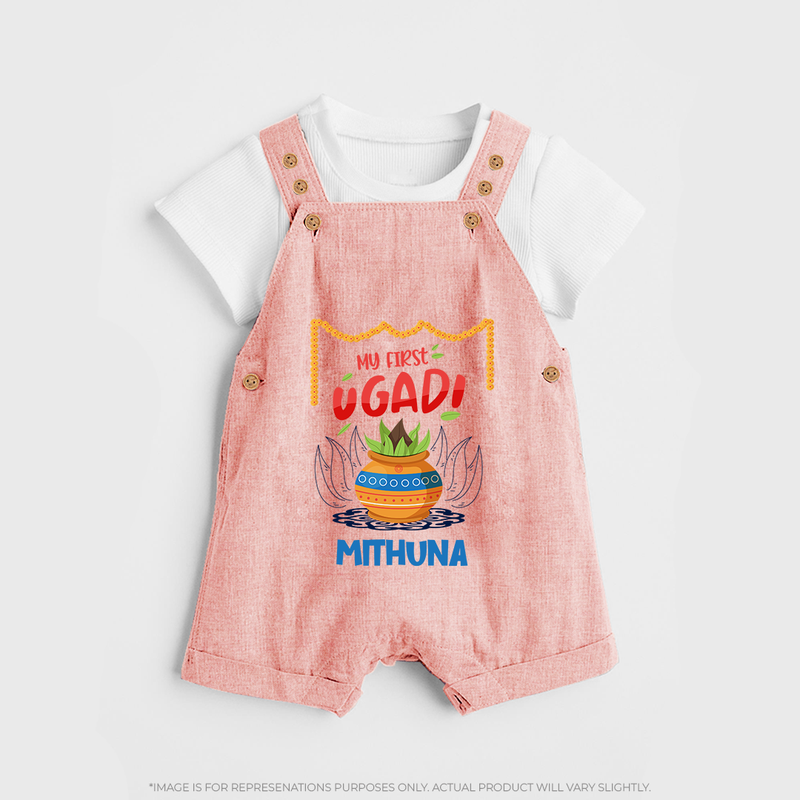 My First Ugadi With Joy & Blessings With Our Customized Dungaree Set For kids With Name - PEACH - 0 - 5 Months Old (Chest 18")