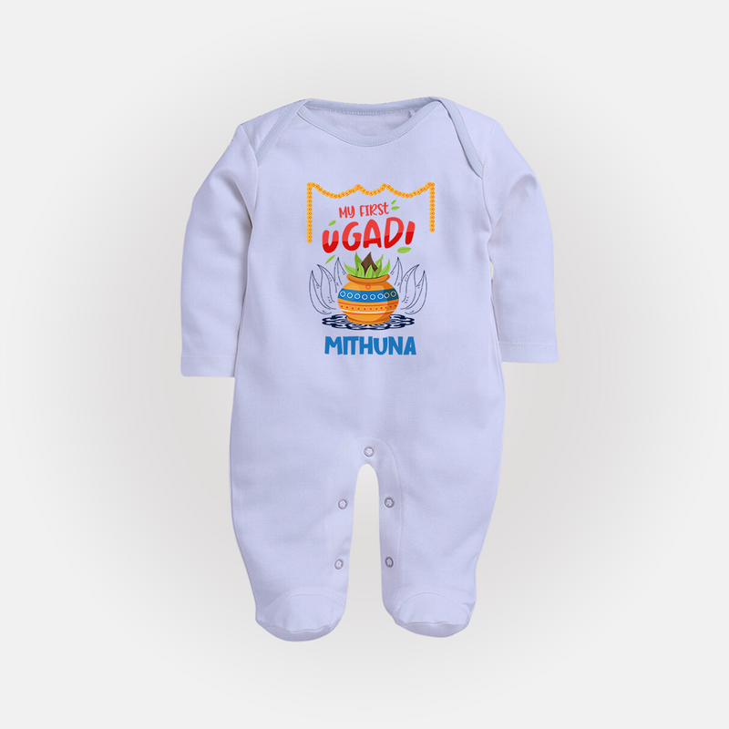 My First Ugadi With Joy & Blessings With Our Customized Sleep Suit For Babies With Name - BABY BLUE - New Born (Chest 7.5")