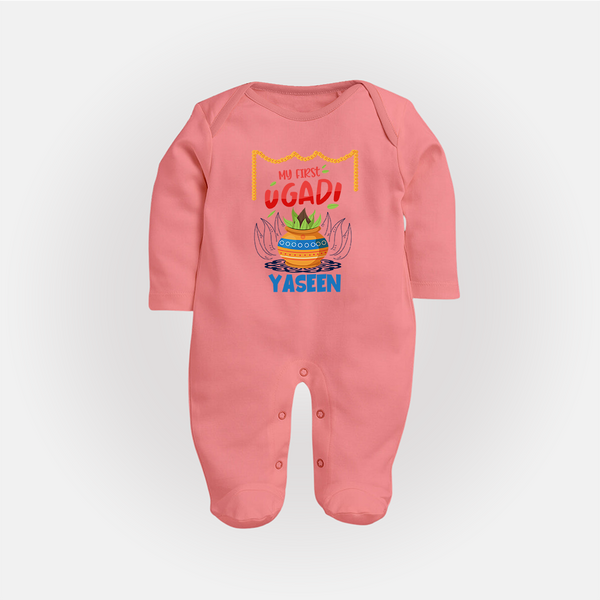 “My First Ugadi Celebration Fullbody Suit – Custom Baby Name” - PEACH - New Born (Chest 7.5")