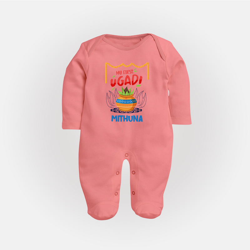 My First Ugadi With Joy & Blessings With Our Customized Sleep Suit For Babies With Name - PEACH - New Born (Chest 7.5")