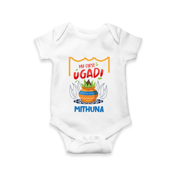 My First Ugadi With Joy & Blessings With Our Customized Romper For Babies With Name - WHITE - 0 - 3 Months Old (Chest 16")