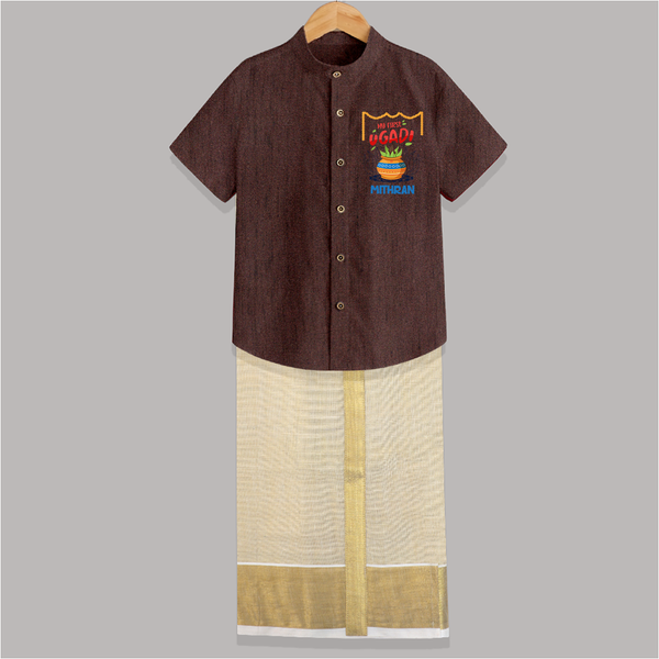 My First Ugadi With Joy & Blessings With Our Customized Shirt And Dhoti For kids With Name - COFFEE BROWN - 0 - 6 Months Old (Chest-23") (Dhoti length-14")