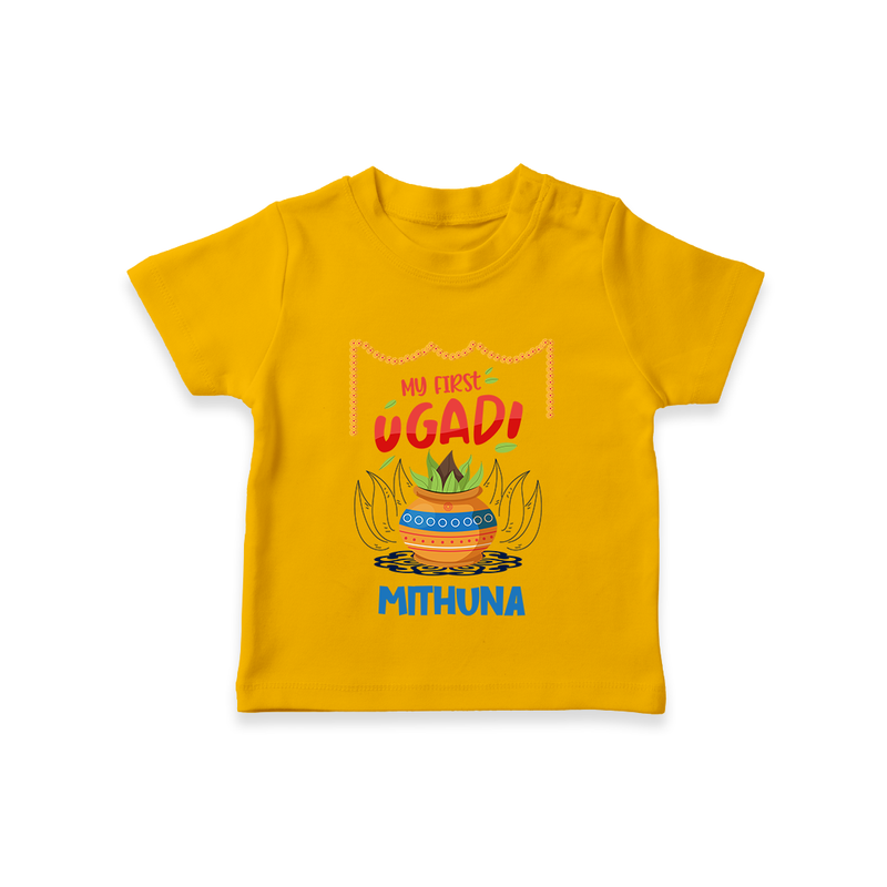 My First Ugadi With Joy & Blessings With Our Customized T-Shirt For kids With Name - CHROME YELLOW - 0-5 Months Old (Chest 17")