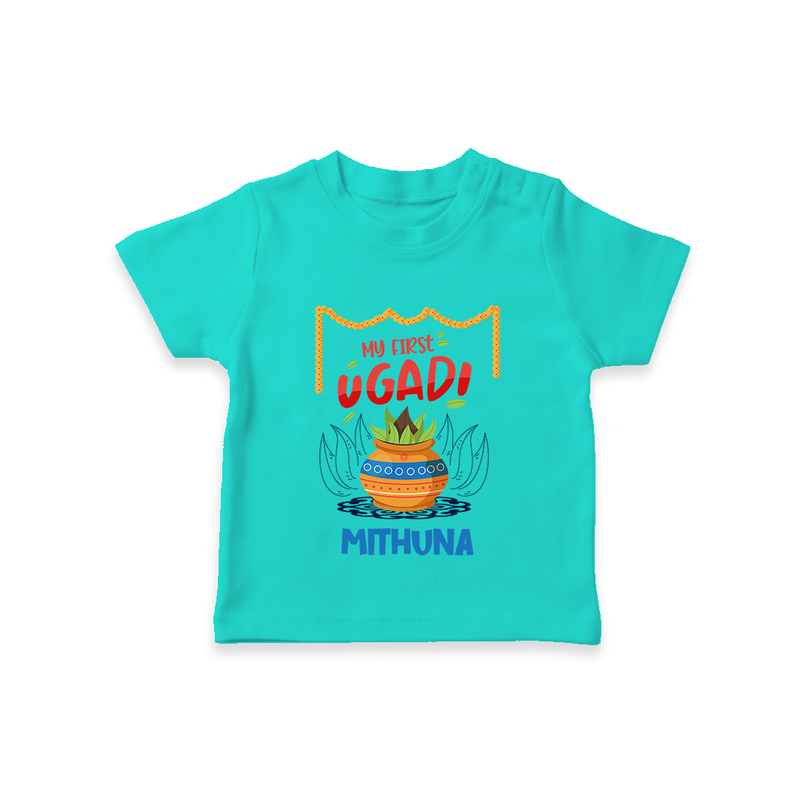 My First Ugadi With Joy & Blessings With Our Customized T-Shirt For kids With Name - TEAL - 0-5 Months Old (Chest 17")