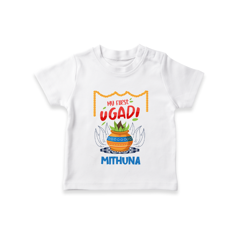 My First Ugadi With Joy & Blessings With Our Customized T-Shirt For kids With Name - WHITE - 0-5 Months Old (Chest 17")