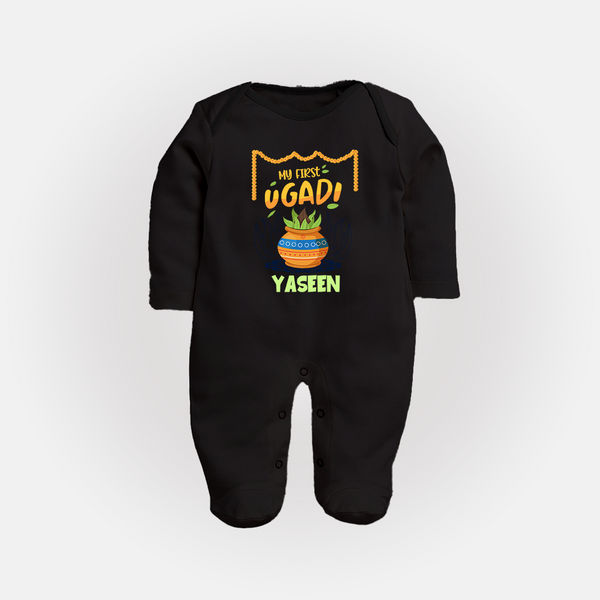 “My First Ugadi Celebration Fullbody Suit – Custom Baby Name” - BLACK - New Born (Chest 7.5")